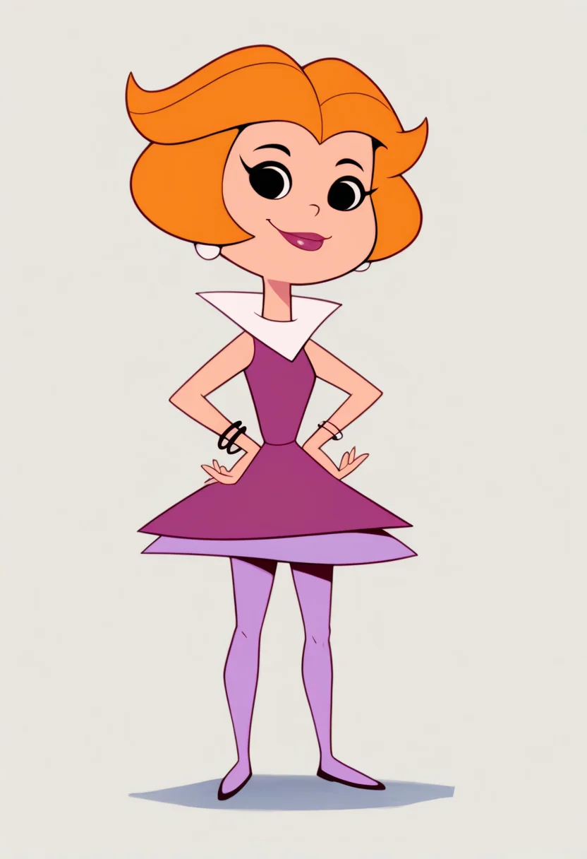 masterpiece, best quality, very aesthetic, absurdres,
1girl, jane, orange hair, short hair, black eyes, red lipstick, earrings,
purple dress, pantyhose, bracelet, shoes,
standing, full body, hands on hips,
smile, looking at viewer, solo, simple background, white background, <lora:JaneJetsonNoobXL_byKonan:1>