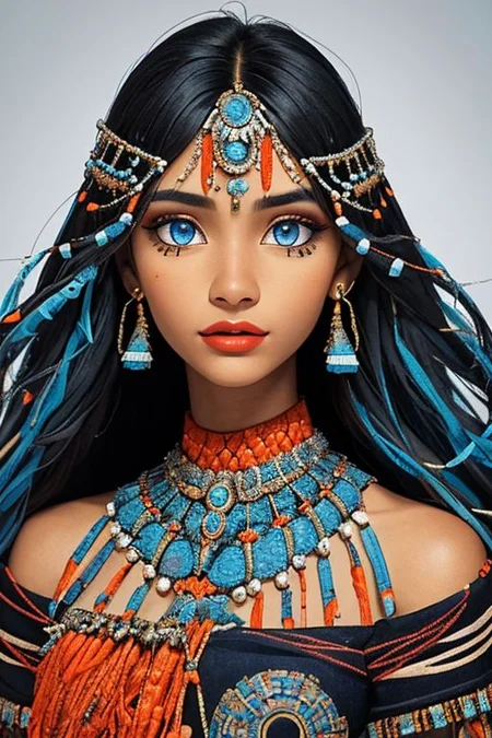 close-up photographic portrait of woman with strikingly vibrant blue-silver eyes. Supe shoulders showing. The face should, intricate, tribal-inspired art, patterns, reminiscent of beadwork and ceremonial embellishments, scheme, rich reds, oranges, blues --ar 2:3