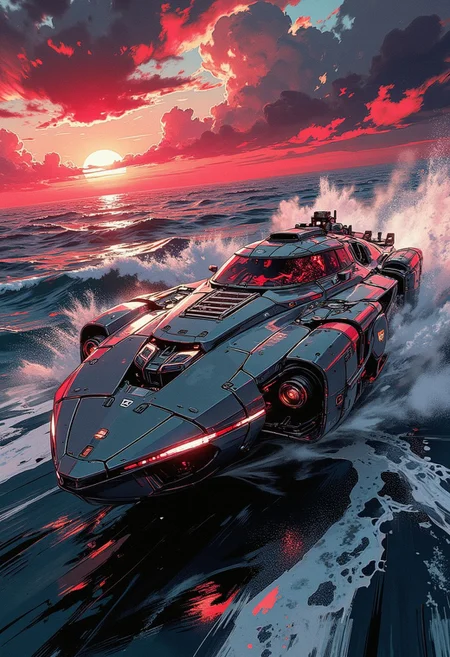 in the style of ck-mgs, A digital artwork in the style of cknc, a futuristic, highly advanced speedboat moving rapidly on a stormy ocean. The hull is made of a dark gunmetal alloy and  the cockpit shows glowing led lights, and has a large air intake.  The sky has dark clouds, and is a surreal red, sunset