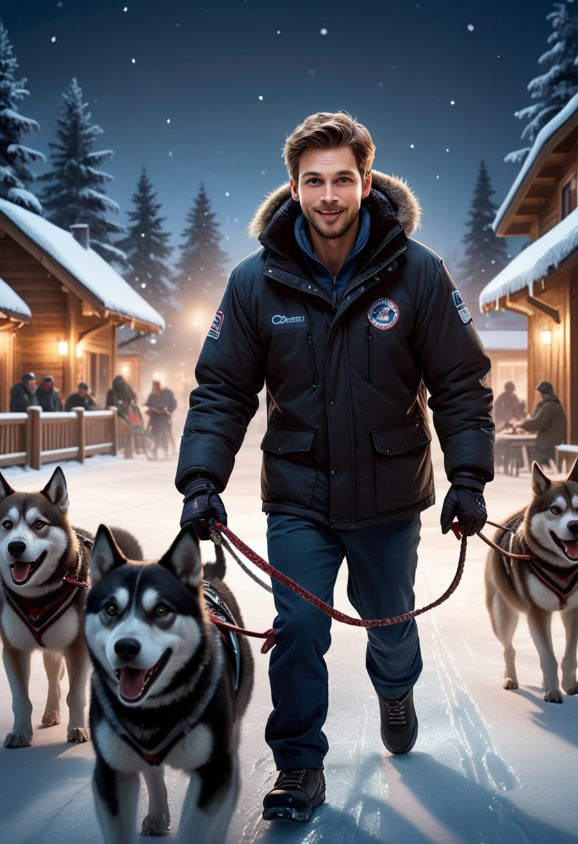 (medium full shot) of (medium full shot ) of playful man guiding a sled team, detailed face, located in a winter scene at a snow-covered ice rink during night with frosty weather, illuminated by fireplace glow, creating a wondrous atmosphere, ,Masterpiece,best quality, photo, realistic, very aesthetic
