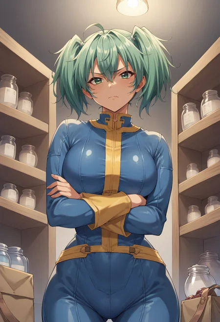 score_9, score_8_up, score_7_up, source_anime, 1girl, solo, looking at viewer, ryofu, short twintails, hair between eyes, green hair, large breasts, blue jumpsuit, long sleeves, leather, shiny clothes, (basement:1.2), dark, dimly lit, shelf, shadow, dramatic lighting, loaded interior, (messy room), cardboard box, bag, jar, crossed arms, green eyes, ahoge, hanging light, light bulb, from below, serious, closed mouth