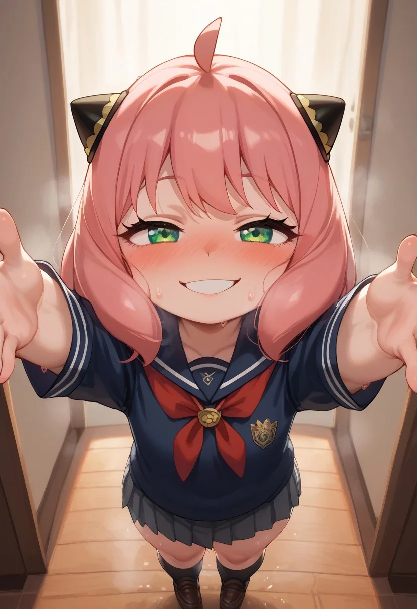 score_9, score_8_up, score_7_up, score_6_up, 1girl, Anya Forger (Spy x family), (bangs, green eyes, pink hair, ahoge, hair ornament, hairpods, young, short girl, very short, solo, chubby, shortstack, short, small, small tits, flat chested), sexy face, (sweat, musk clouds, musk clouds, steam, pheromones, stink musk, musk clouds, musky, smell, steam, sweat), (black school uniform, black uniform, eden academy school uniform), indoors, sexy, cute face, looking at viewver, nose blush, horny, smug smile, standing, hug pov, incoming hug, reaching, arms up, from above,