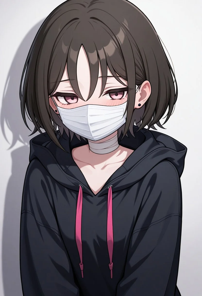 masterpiece, best quality, 32k, high resolution, absurdres, imashino misaki, stud earrings, bandaged neck, jewelry, collarbone, blush, hoodie, black hoodie, hood down, hooded jacket, mask