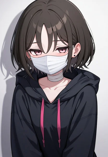 masterpiece, best quality, 32k, high resolution, absurdres, imashino misaki, stud earrings, bandaged neck, jewelry, collarbone, blush, hoodie, black hoodie, hood down, hooded jacket, mask