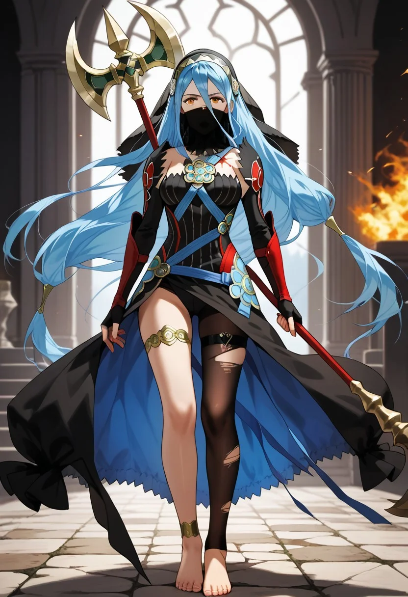 score_9,score_8_up,score_7_up,source_anime,azura (fire emblem),1girl,solo,breasts,gloves,dress,holding,jewelry,medium breasts,weapon,pantyhose,barefoot,elbow gloves,fingerless gloves,holding weapon,see-through,torn clothes,thigh strap,scar,polearm,staff,veil,asymmetrical legwear,spear,anklet,uneven legwear,axe,single leg pantyhose,mouth veil,battle axe,