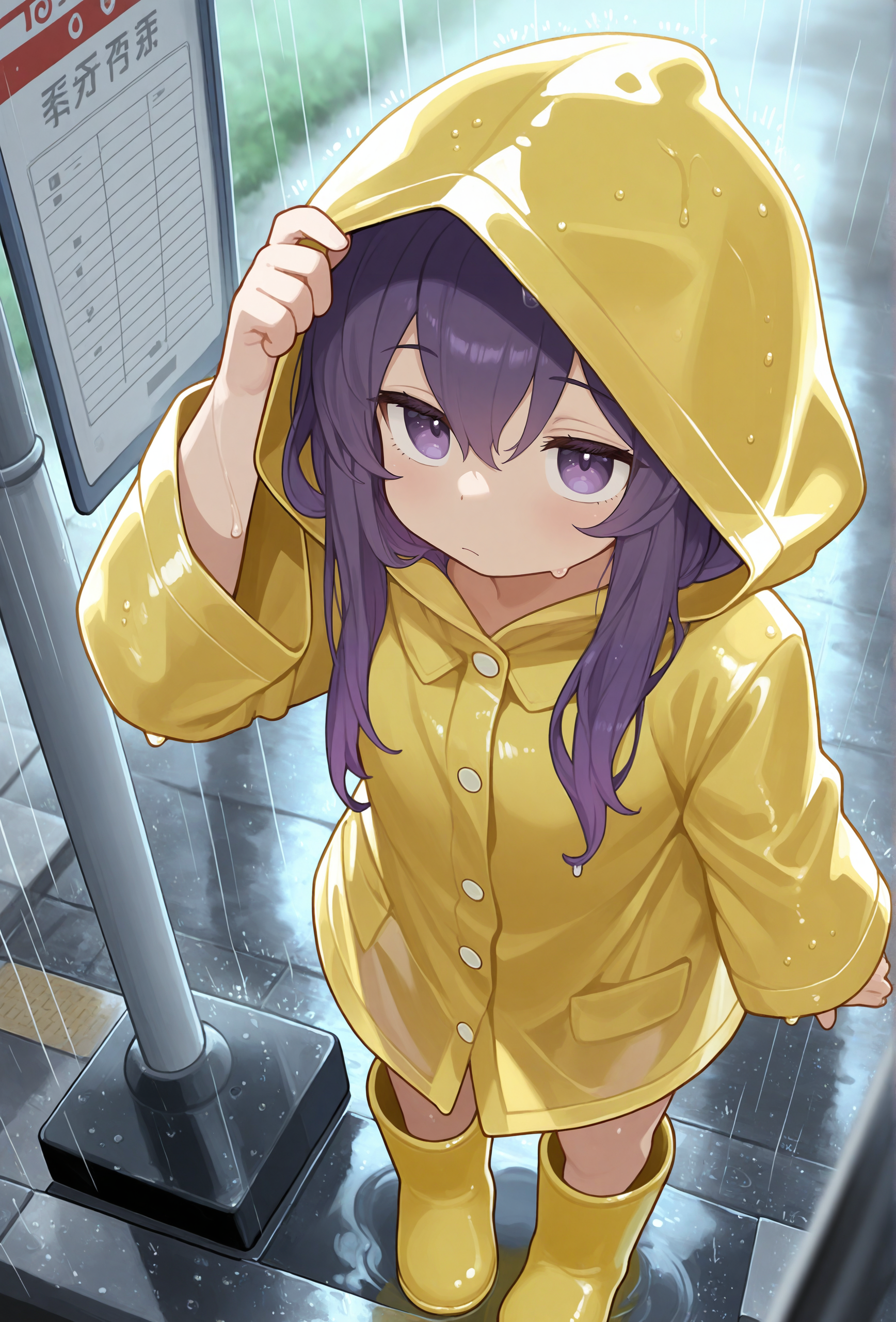 masterpiece,best quality,amazing quality, <lora:menthak0_style_illustrious_v1f:1> mk0style, 1girl, purple hair, purple eyes, BREAK
yellow raincoat, hood up, wet, rain, yellow boots, rubber boots, from above, bus stop