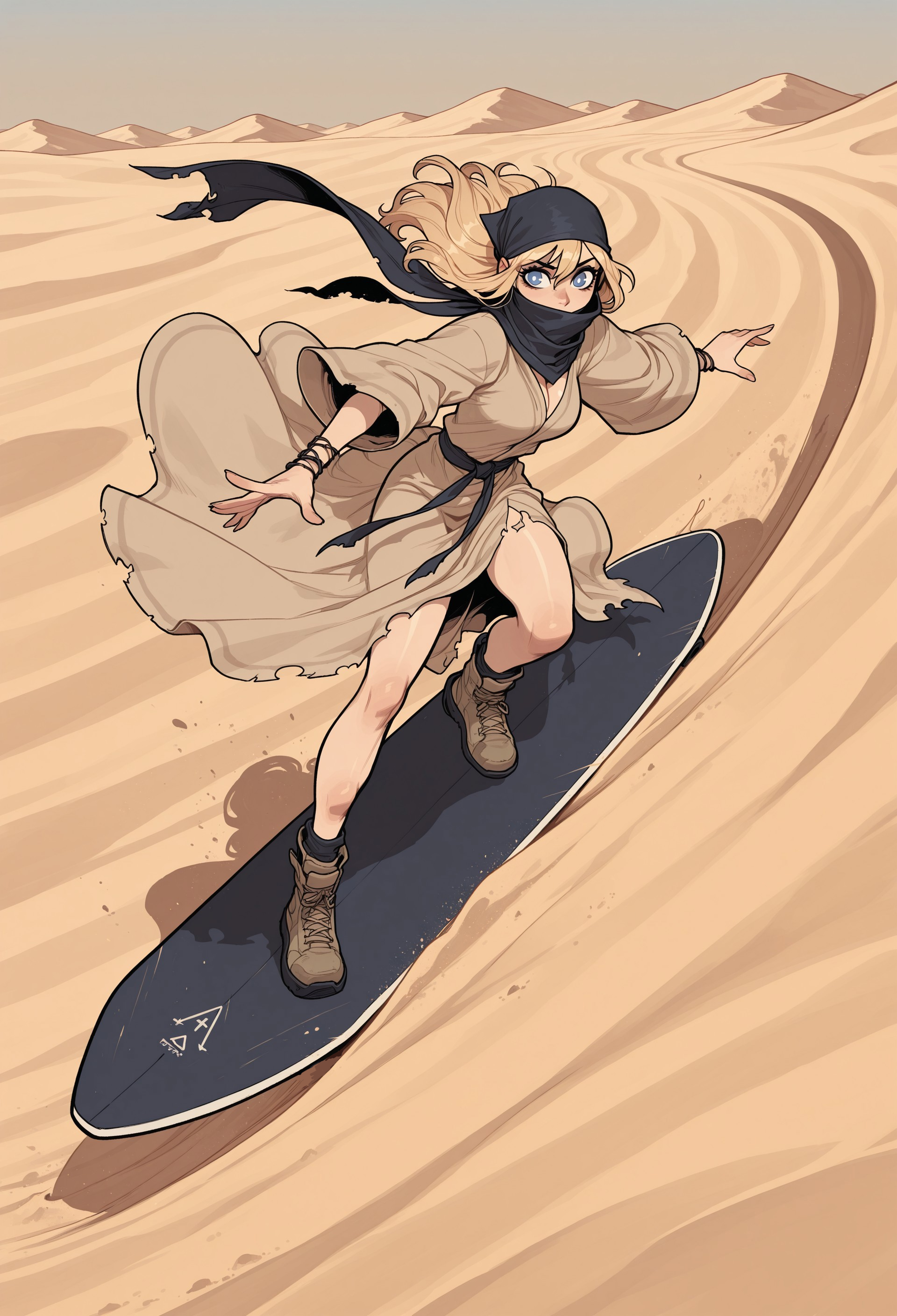 score_9, score_8_up, score_7_up, masterpiece, best quality, very aesthetic, 1woman, incoth, (incase:0.6), detailed face, (dynamic:1.1), (mature, curvy:0.7), sand dunes, (sand wave, huge wave:1.15), wall of sand, sand tsunami, desert, sand splashes, harsh shadow, desert girl,  jumping out of sand, mid-air, vfx, sandy blonde, blue eyes, white pupils, desert robes, ripped, tattered, bandana, scarf, surfing, surfing board, covered mouth, 