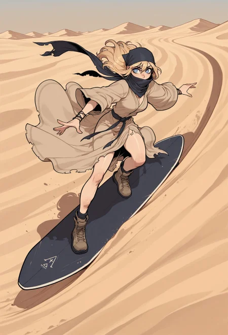 score_9, score_8_up, score_7_up, masterpiece, best quality, very aesthetic, 1woman, incoth, (incase:0.6), detailed face, (dynamic:1.1), (mature, curvy:0.7), sand dunes, (sand wave, huge wave:1.15), wall of sand, sand tsunami, desert, sand splashes, harsh shadow, desert girl,  jumping out of sand, mid-air, vfx, sandy blonde, blue eyes, white pupils, desert robes, ripped, tattered, bandana, scarf, surfing, surfing board, covered mouth, 