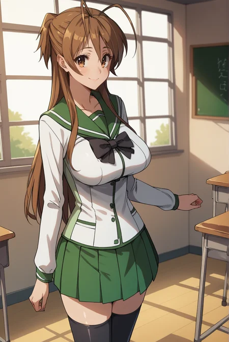 score_9, score_8_up, score_7_up, score_6_up, score_5_up, score_4_up, BREAK source_anime, 1girl, solo,
<lora:ReiMiyamotoXL-v3-07:0.7>, ChopioRei, long hair, brown hair, shiny hair, antenna hair, brown eyes, looking at viewer,
large breasts,
half updo,
outfit_1, serafuku, white shirt, long sleeves, green sailor collar, black bowtie, pleated skirt, green skirt, zettai ryouiki, black thighhighs,
classroom, standing, smile, cowboy shot, contrapposto,