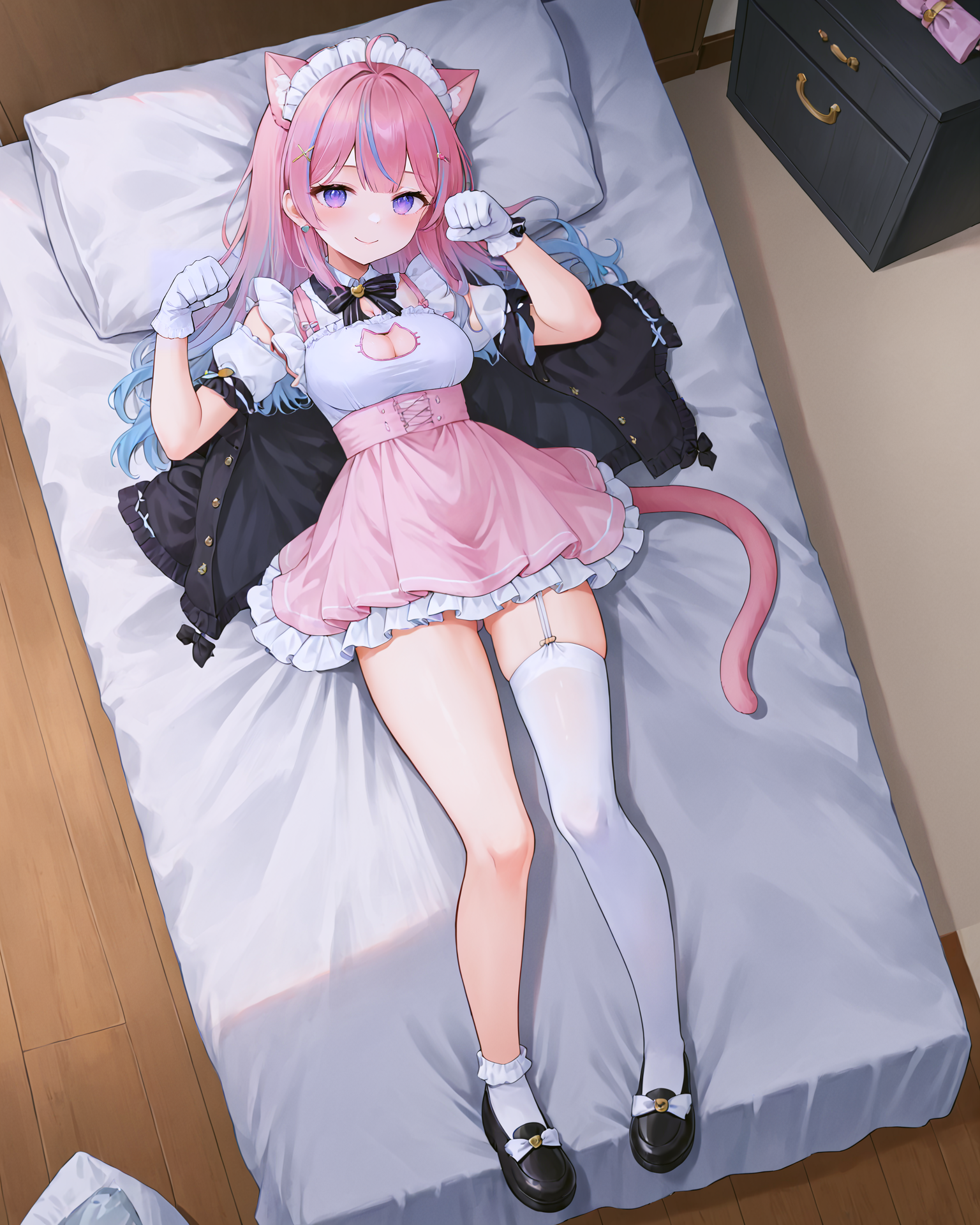 <lora:VTUBER_Itigori_XL:1.0> itigorie ena, 1girl, purple eyes, pink hair, multicolored hair, streaked hair, ahoge, cat ears, animal ear fluff, cat girl, cat tail, bangs, hair ornament, hair ribbon, hairclip, gradient, blue hair, gradient hair, braid, maid headdress, bow, black bow, gloves, white gloves, dress, pink dress, frilled dress, cleavage cutout, cat cutout, cleavage, medium breasts, closed mouth, short sleeves, frills, shoes, socks, striped, thighhighs, black footwear, kneehighs, garter straps, single thighhigh, white thighhigh, asymmetrical legwear, :3, cat smile, paw pose, lying, on back, from above,, <lora:9_Detail_Tweaker_XL:0.8>, score_9, score_8_up, score_7_up, source_anime, masterpiece, best quality, highly detailed background, cinematic lighting, detailed eyes, perfect face,, lazy, teenager room, messy, bedroom, bed sheet, closet,