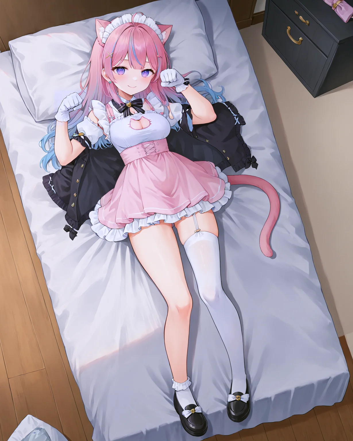 <lora:VTUBER_Itigori_XL:1.0> itigorie ena, 1girl, purple eyes, pink hair, multicolored hair, streaked hair, ahoge, cat ears, animal ear fluff, cat girl, cat tail, bangs, hair ornament, hair ribbon, hairclip, gradient, blue hair, gradient hair, braid, maid headdress, bow, black bow, gloves, white gloves, dress, pink dress, frilled dress, cleavage cutout, cat cutout, cleavage, medium breasts, closed mouth, short sleeves, frills, shoes, socks, striped, thighhighs, black footwear, kneehighs, garter straps, single thighhigh, white thighhigh, asymmetrical legwear, :3, cat smile, paw pose, lying, on back, from above,, <lora:9_Detail_Tweaker_XL:0.8>, score_9, score_8_up, score_7_up, source_anime, masterpiece, best quality, highly detailed background, cinematic lighting, detailed eyes, perfect face,, lazy, teenager room, messy, bedroom, bed sheet, closet,