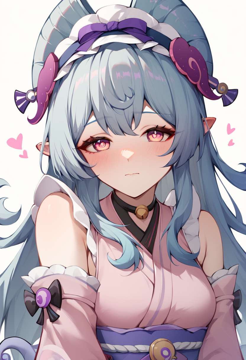 score_9,score_8_up,score_7_up,<lora:yumemizuki_mizuki_pony-000010:1>,yumemizuki mizuki, 1girl, solo, white background, simple background, holding fan, looking at viewer, ear blush, closed mouth, frilled hairband, medium breasts, pink sleeves, detached sleeves, highres, obi, nihongami, heart, commentary request