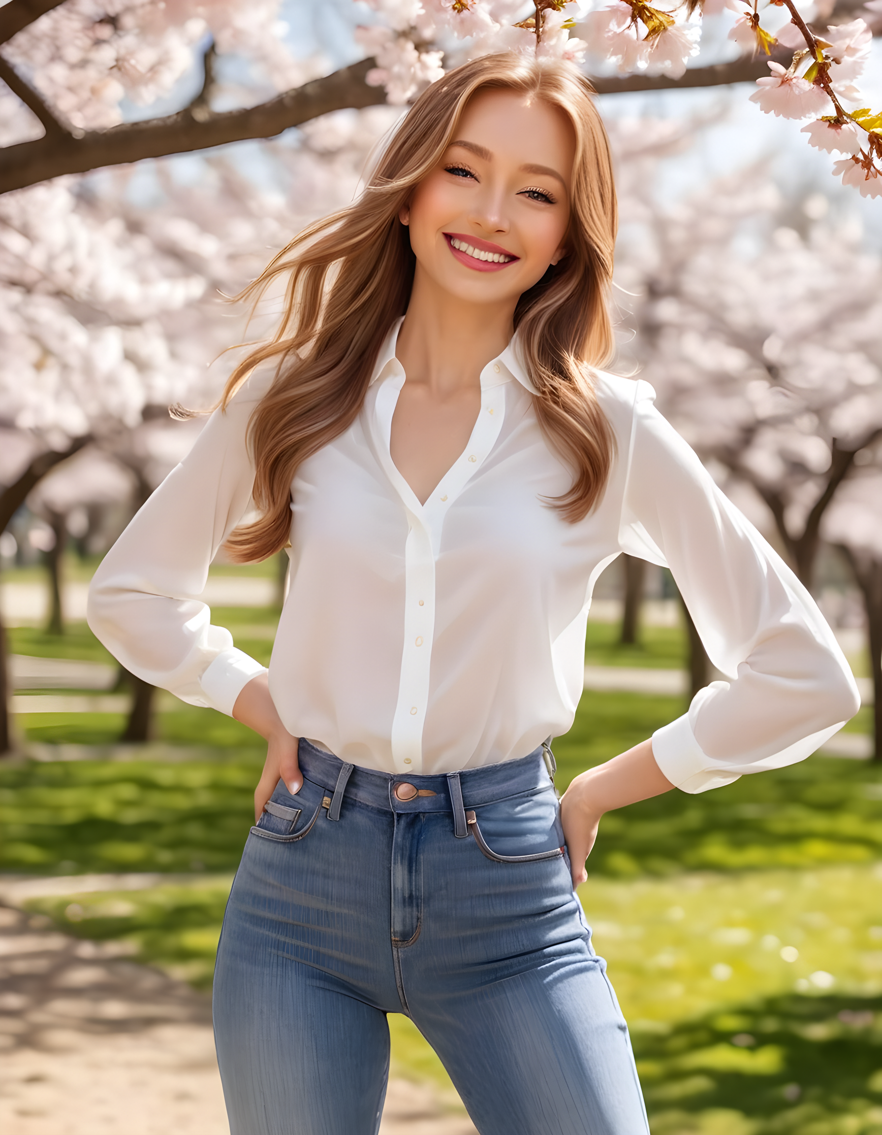 In a bright, sunlit park adorned with blooming cherry blossoms, the captivating miacollinsss is framed from a slightly elevated angle. With her long, chestnut hair cascading over her shoulders and her striking blonde highlights accentuating her features, she gazes directly at the viewer, flashing a radiant smile that reveals perfectly white teeth. Her outfit consists of a simple yet elegant white blouse paired with high-waisted blue jeans, adding an air of casual elegance to this charming scene. The background, though minimalist, provides a serene contrast, allowing the subject's vibrant energy and radiant beauty to truly shine.