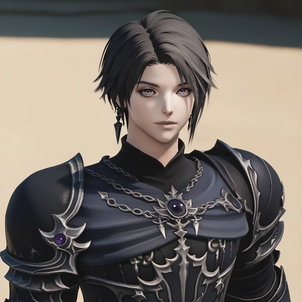 score_9_up, score_8_up, score_7_up, score_6_up, FF14Style, final fantasy xiv, hyur, 3d, ff14zero, androgynous, pale skin, solo, jewelry, black hair, short hair, grey eyes, black armor, shoulder armor, cape, upper body, looking at viewer, <lora:Zero-000008:1> <lora:FF14:0.8>