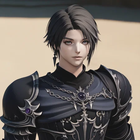 score_9_up, score_8_up, score_7_up, score_6_up, FF14Style, final fantasy xiv, hyur, 3d, ff14zero, androgynous, pale skin, solo, jewelry, black hair, short hair, grey eyes, black armor, shoulder armor, cape, upper body, looking at viewer, <lora:Zero-000008:1> <lora:FF14:0.8>