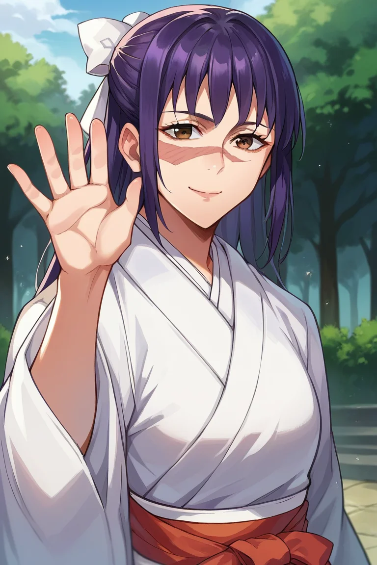 score_9, score_8_up, score_7_up, score_6_up, score_5_up, score_4_up, rating_questionable, , source_anime, digital illustration, pixiv, fanbox, uncensored, , BREAK, official art,
1girl, solo, female, utahime, purple hair, brown eyes, hair ribbon, face scar,
japanese clothes, miko, upper body, waving, outdoors, light smile, cowboy shot, looking at viewer, colorful, vivid,, <lora:Utahime_Iori_Pony_Large-09:1.0>