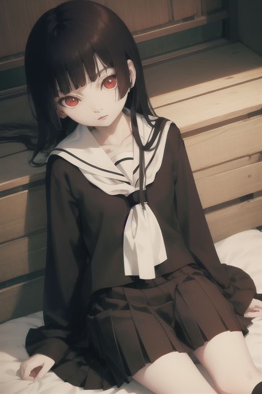 Enma Ai, 1girl, pale skin, wide sleeves, from above, masterpiece, best quality, 1girl, solo, school uniform, serafuku, red eyes, black serafuku, skirt, socks, hime cut, sleep at bed