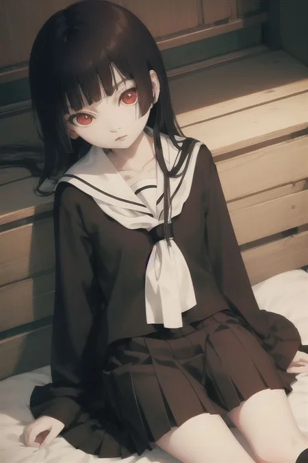 Enma Ai, 1girl, pale skin, wide sleeves, from above, masterpiece, best quality, 1girl, solo, school uniform, serafuku, red eyes, black serafuku, skirt, socks, hime cut, sleep at bed