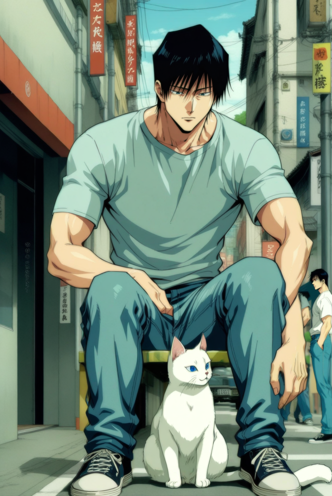 1boy, male focus, fushiguro touji, jujutsu kaisen , (90s anime style:1.5), front view, outdoors, street view, (looking down:1.3), perfecteyes, shirt, denim shorts, (a single white cat sitting next to them) <lora:detailed_notrigger:1> <lora:ParchartXL_CODA:0.2> <lora:Isometric Cutaway:1> <lora:PerfectEyesXL:1> <lora:Surreal Harmony:0.2>