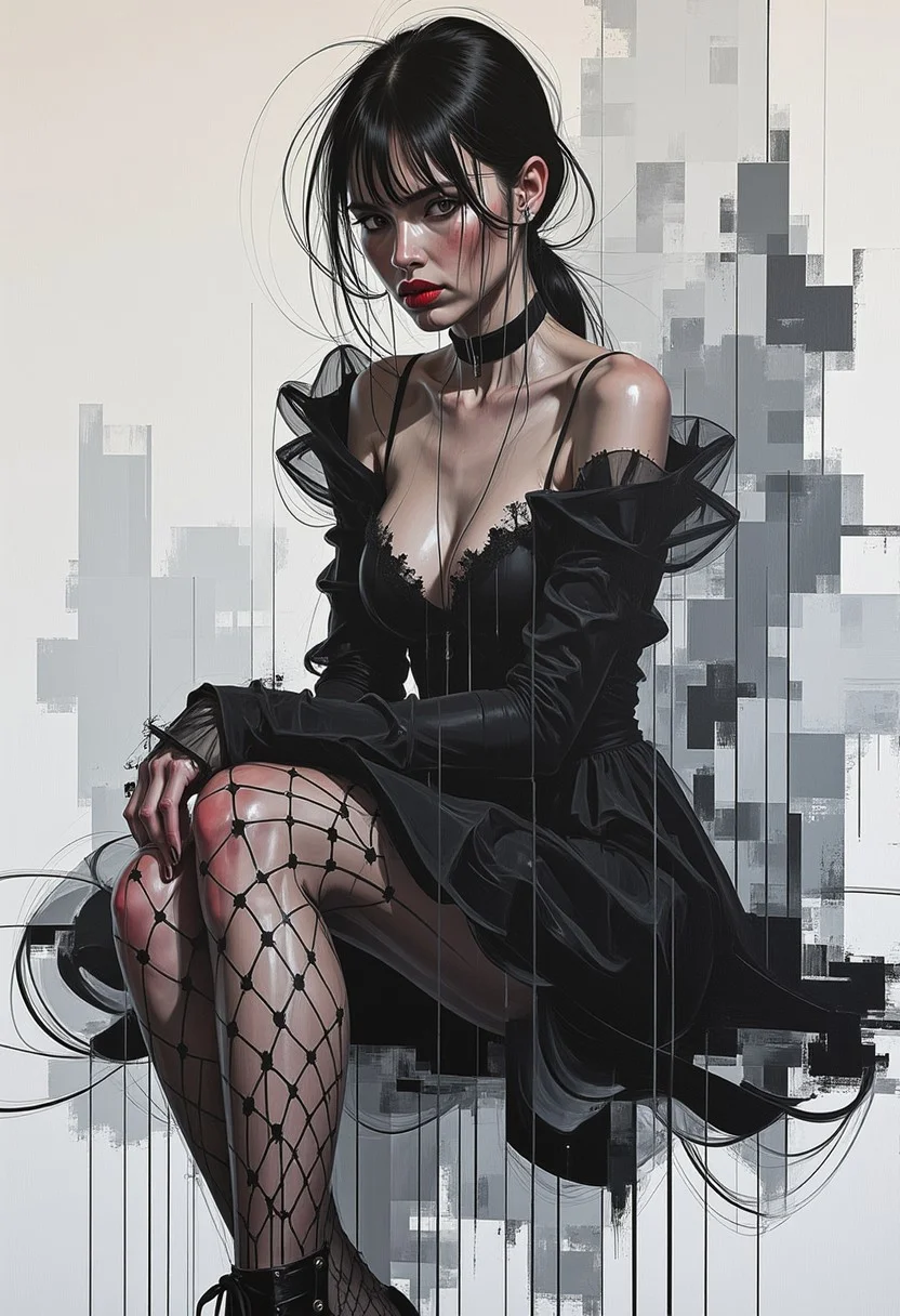 ckbwaw, a digital artwork in the style of ckbwaw, This is a digital artwork created in a mixed media style, blending elements of watercolor and ink, with rich tones and textures. A Japanese young woman with long hair, bangs, sidelocks sits poised in an intimate setting, her gaze intense beneath the smoky haze of dark eyeshadow. Her deep red lips are striking, accentuating the enigmatic aura she exudes. She wears a ruffled black filmy lace dress that appears almost ghostly against the textured watercolor background. The intricate fishnet stockings add an element of structured geometry, subtly juxtaposing the fluid softness of the dress. The color palette is a blend of deep blacks, crimson accents, and muted gray washes, giving the piece a gothic yet elegant aesthetic. Ink splatters and expressive brushstrokes create movement, as if the figure is dissolving into the very art that forms her.