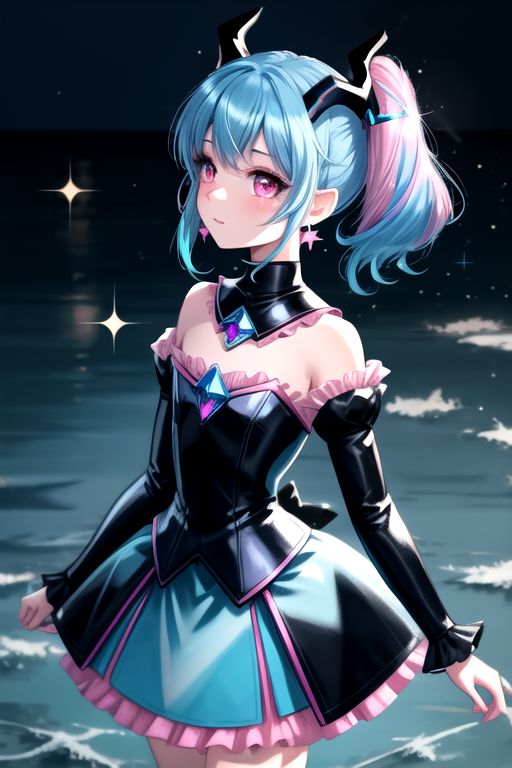 EvlSM, DarkPrecure, Bad_End_Precure, (edgBB_woman,edgBB_face,edgBB_body,), professional image of a cute young woman, (frilly elegant glossy dark holographic dress, crescent brooch, crescent earrings, crescent accessories:1.2),
(blue water dragon horns, blue water dragon tail:1.3), (short hair, side ponytail, hair above cheeks, light blue hair with light pink hairtips, gradient hair, multicolored hair:1.4), red eyes, (small breasts, cute face, innocent, shy, pointy ears:1.1), (sparkles, sparkling clothes, sparkles near eyes:1.3),
(intricate aquatic background, underwater, sparkling water, ocean floor, corral reef, bubbles:1.2), 
(ultra wide angle shot, cinematic style, absurdres, incredibly absurdres, huge filesize, extremely detailed, High quality texture, physically-based rendering, Ray tracing, octane render, sharp focus, (8k), (4k), (Masterpiece), (Best Quality), extremely detailed, intricate, hyper detailed, illustration, soft lighting, high resolution, sharp detail,)