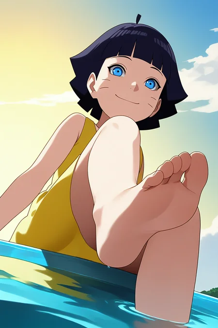 sharp focus, pixiv masterpiece, source_anime, score_9, score_8_up, score_7_up, score_6_up, absurd res, BREAK
<lora:Himawari_Uzumaki_IL_v1-000012:0.9>, 1girl, solo, dark_blue_hair, short_hair, uzumaki_himawar1_illu, faint smile, yellow dress, full body, from below, <lora:foot focusv1.1:0.8>, feet, toes, foot, barefoot, sitting, low angle, water, dipping feet in water