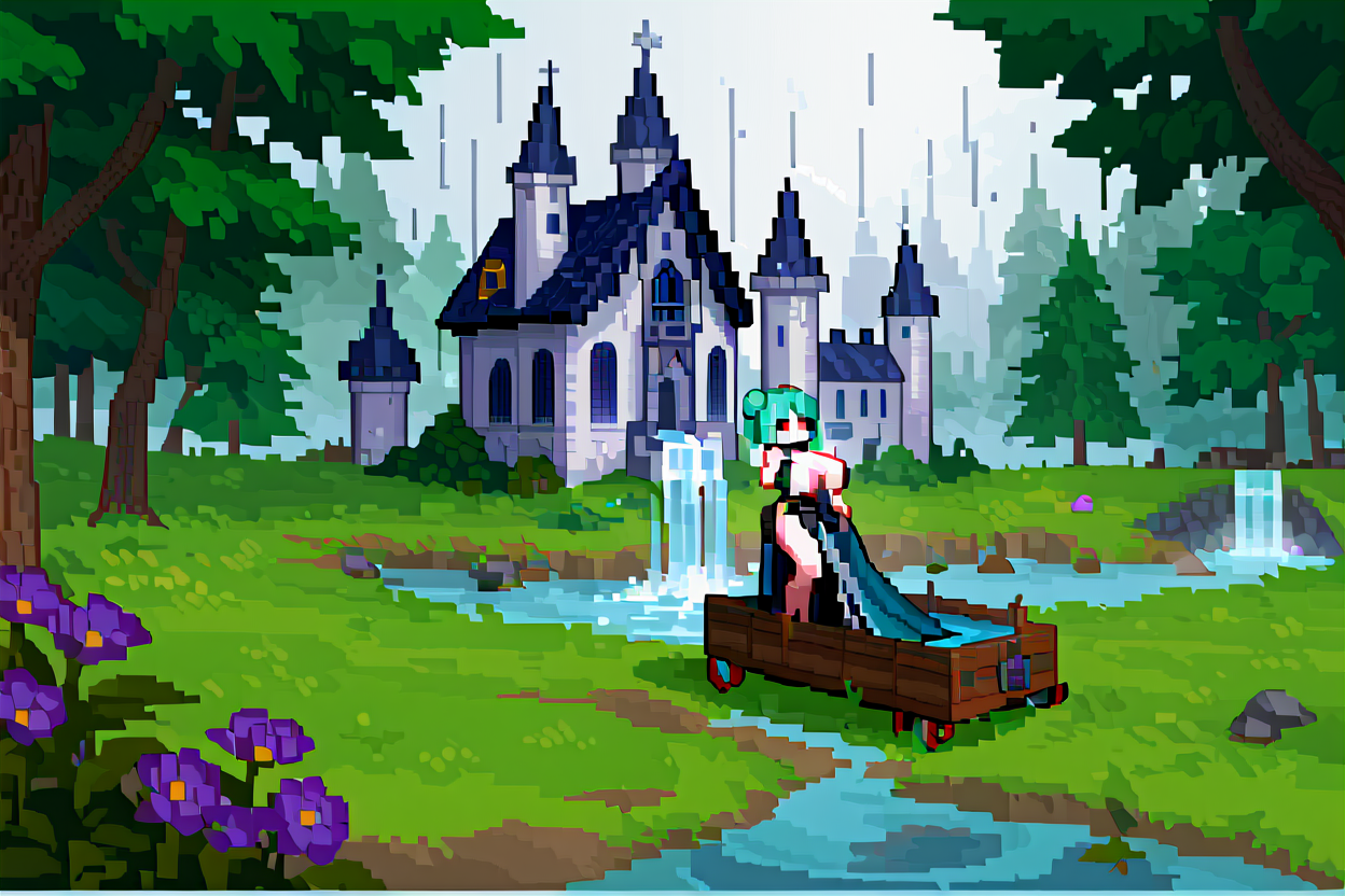score_9, score_8_up, score_8, 1girl, solo, pixel art, 1girl, older woman, black eyes, aqua hair, medium hair, double bun, asymmetrical bangs, gothic dress, huge breasts, sideboob, happy, anorexic, colored skin, silver skin, full body, medieval village, medieval castle, castle, trees, waterfalls, mist, smoke, chimney, rain, wet, pristine, puddles, waterfall, melting, dripping, snow, creek, lush, ice, bridge, cart, orange, green, stained glass, forest, flowers , <lora:DungeonSquadStylePony-Regular:1>