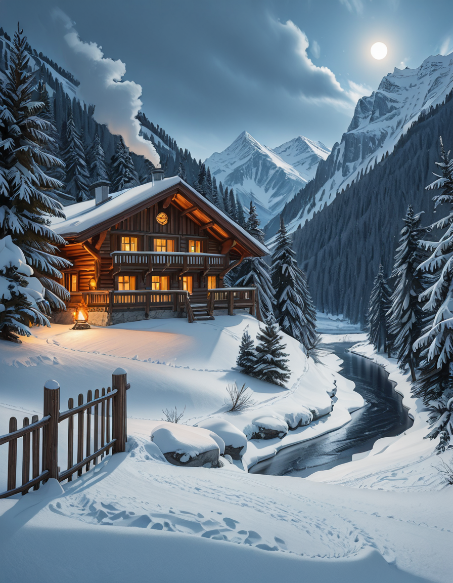 A stunning winter scene in the Tyrol region of Austria. A charming wooden chalet with traditional alpine architecture stands on a gentle snow-covered slope, surrounded by dense evergreen forests blanketed in fresh snow. The chaletâs warm interior lights glow softly through its large windows, creating a cozy contrast against the cool twilight hues of the sky. A plume of smoke drifts from the chimney, hinting at a roaring fireplace inside. In the foreground, a small wooden fence is partially buried under the snow, while a frozen river winds through the valley, reflecting the moonlight. Towering, snow-capped peaks of the Austrian Alps dominate the background, adding a breathtaking sense of grandeur. Snowflakes gently fall, adding movement and depth to the peaceful, picturesque scene. The image is hyper-realistic, capturing the intricate textures of the wood, snow, and ice, with cinematic lighting that highlights the magical winter ambiance.
<lora:SDXLFaeTastic2400:0.4> <lora:extremely_detailed:0.4> extremely detailed,winter scene in the Tyr0l, <lora:winter_scene_in_the_Tyr0l-i:1>, Masterpiece,best quality,hi res,8k,hi res,8k,award winning,(sharp focus, intricate, highly detailed),