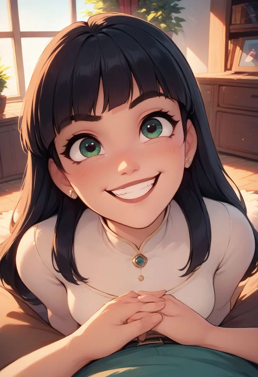 score_9, score_8_up, score_8_up, 1girl, 1boy, sexy 18yo white caucasian girl, (cute, adorable, innocent), (black hair), fringe, long hair, (small breasts;1.3) narrow hips, breasts exposed, source comic book, green eyes, pastel colors, colour theory, high res image, masterpiece, (living room in the background:1.5), view pov, (man pov), girl kneeling and looking up with ((adoration)) ((affection)) ((arousal)), blushing, (((((mischievous grin))))), (((horny))), close up, face detail,