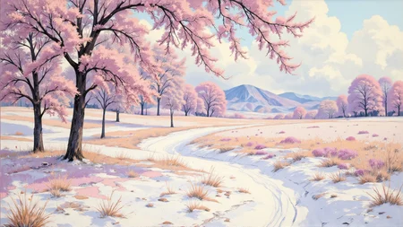 Impressionism painting. Ground level wide angle view. 1950s theme. surreal lilac and pale pink winter landscape with hills in the background. Intricate white and lemon-yellow and gold gothic details. Overall, the scene is fecund and is very detailed. Dramatic lighting illuminates the scene from the front. <lora:Charcoal01d_CE_FLUX_AIT:0.6> <lora:Paper_Marbling_Flux:0.5> <lora:아름답고_우아한_r1:0.6> <lora:midjourney_whisper_chromaplex_v1:0.6>