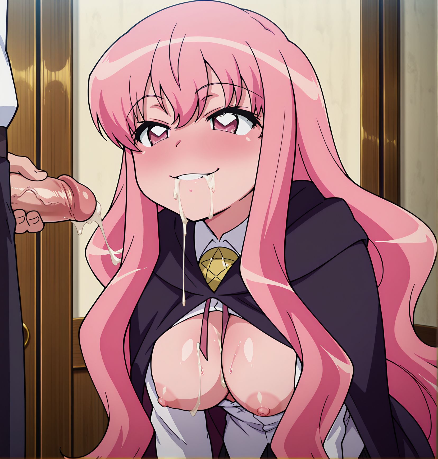 <lora:add-detail-xl:0.5>,,masterpiece,best quality,anime coloring,anime screenshot,
<lora:Cum_dripping:0.7>Cum_drippingV1,
1girl,hetero,breasts,nipples,cum,1boy,
cum dripping,cumdrip, long cum trail,
cum dripping out of mouth,penis,
BREAK
evil smile, pink hair, 
louise, black skirt, pentacle, cape, white shirt, <lora:Zero_no_Tsukaima_-_louise_-_illustrious:0.8>, zero no tsukaima,official art, 
20YO, milf,
