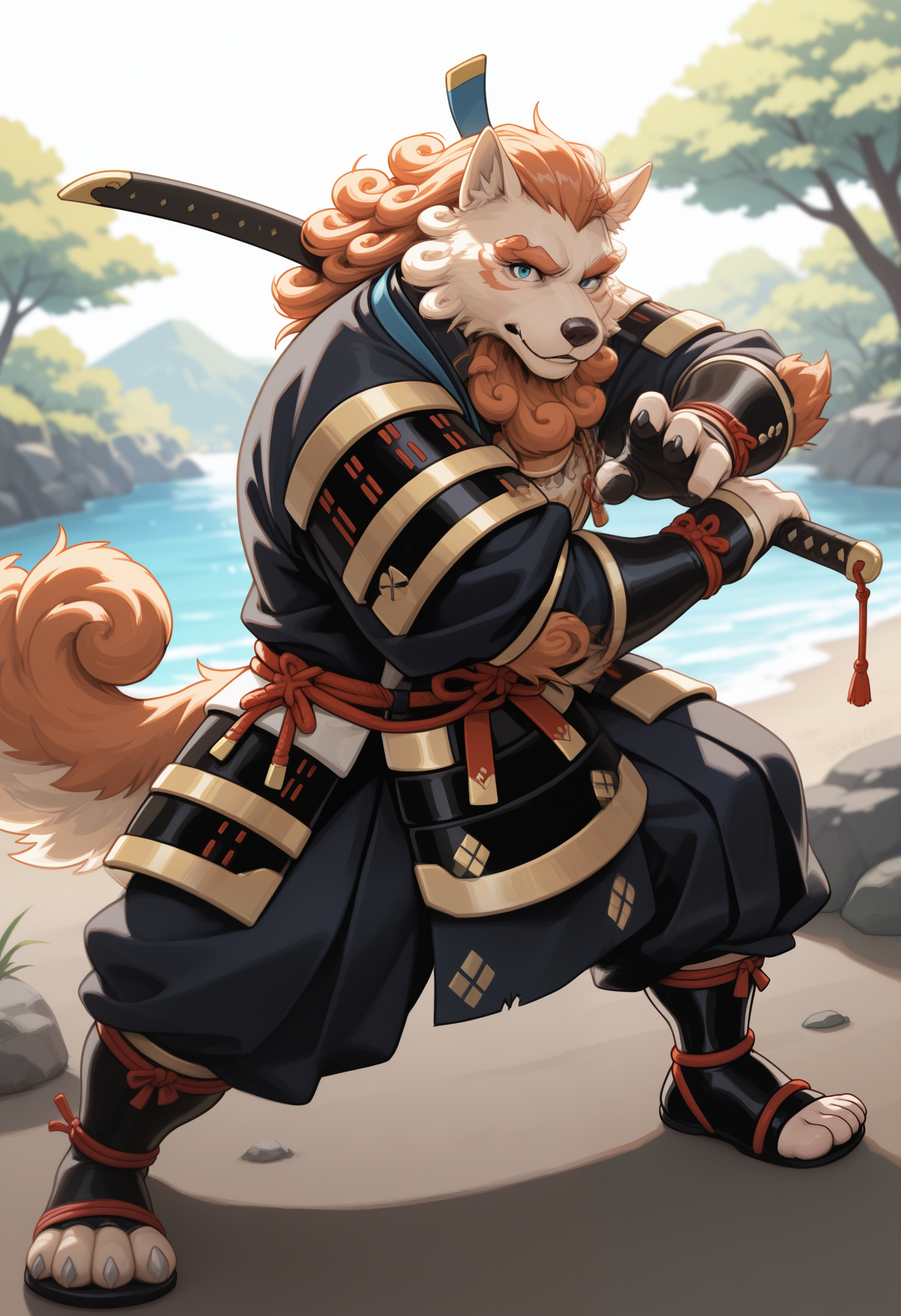 masterpiece,best quality,amazing quality, 1boy, solo, t0y0, footwear, dog boy, samurai clothes, tail, armor, black gauntlets, outside, sword, attack stance, male focus,