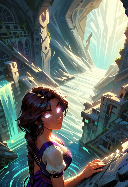 score_9, score_8_up, score_7_up, rating_safe, graphic novel, illustration, best quality, athletic woman, beautiful, braided brown hair, climbing, exquisite ruins, waterfall, bird's eye view, daylight shining through cracks, cinematic, bokeh, depth of field, 128k, UHD, ultra high res, fcDetailPortrait, (glowing white eyes:1.8), light radiating from eyes, light shining from eyes, prismatic light, fFaceDetail, SkinHairDetail, OverallDetail, LightningMagicAI, GlowingRunesAI_purple, WitchcraftPunkAI