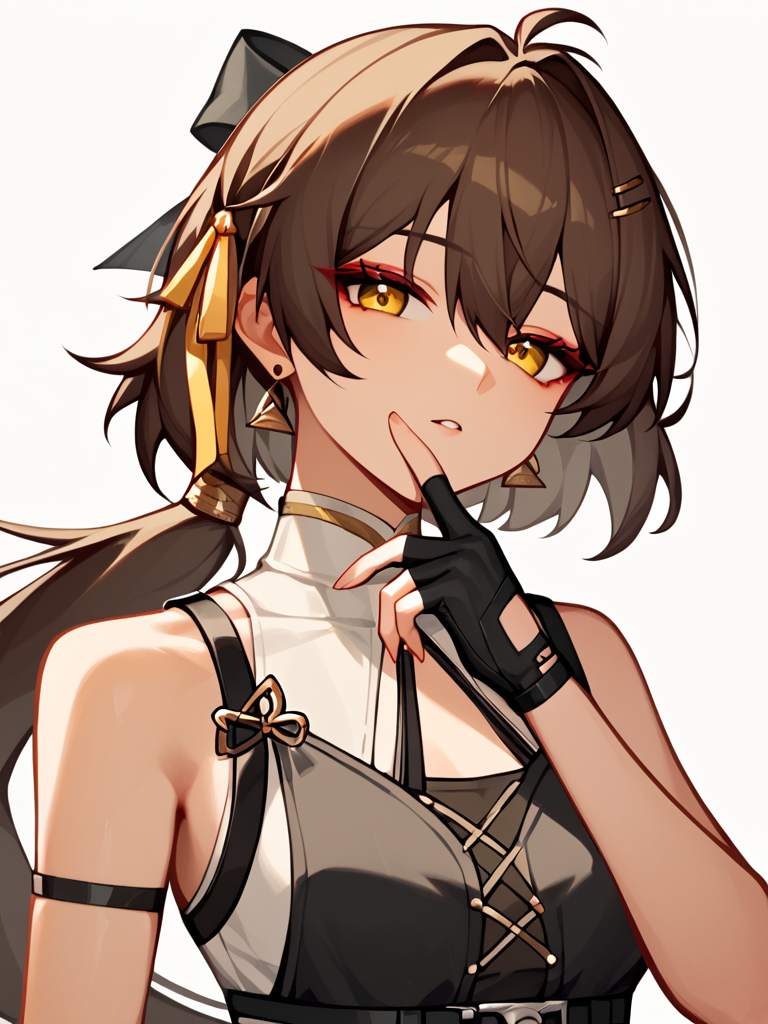 score_9,score_8_up,score_7_up,  <lora:wuthering_waves_all:1>ï¼1girl, character: female rover (wuthering waves), solo, simple background, white background, upper body, looking at viewer, hair between eyes, yellow eyes, eyeshadow, brown hair, long hair, hair ribbon, low ponytail, hairclip, black gloves, black shirt, cross-laced clothes, partially fingerless gloves, sleeveless shirt, two-tone shirt, white shirt, bare shoulders, yellow ribbon, triangle earrings, cross-laced top, hand on own chin, red eyeliner, star (symbol), straight-on, underbust, chinese commentary, floating earring