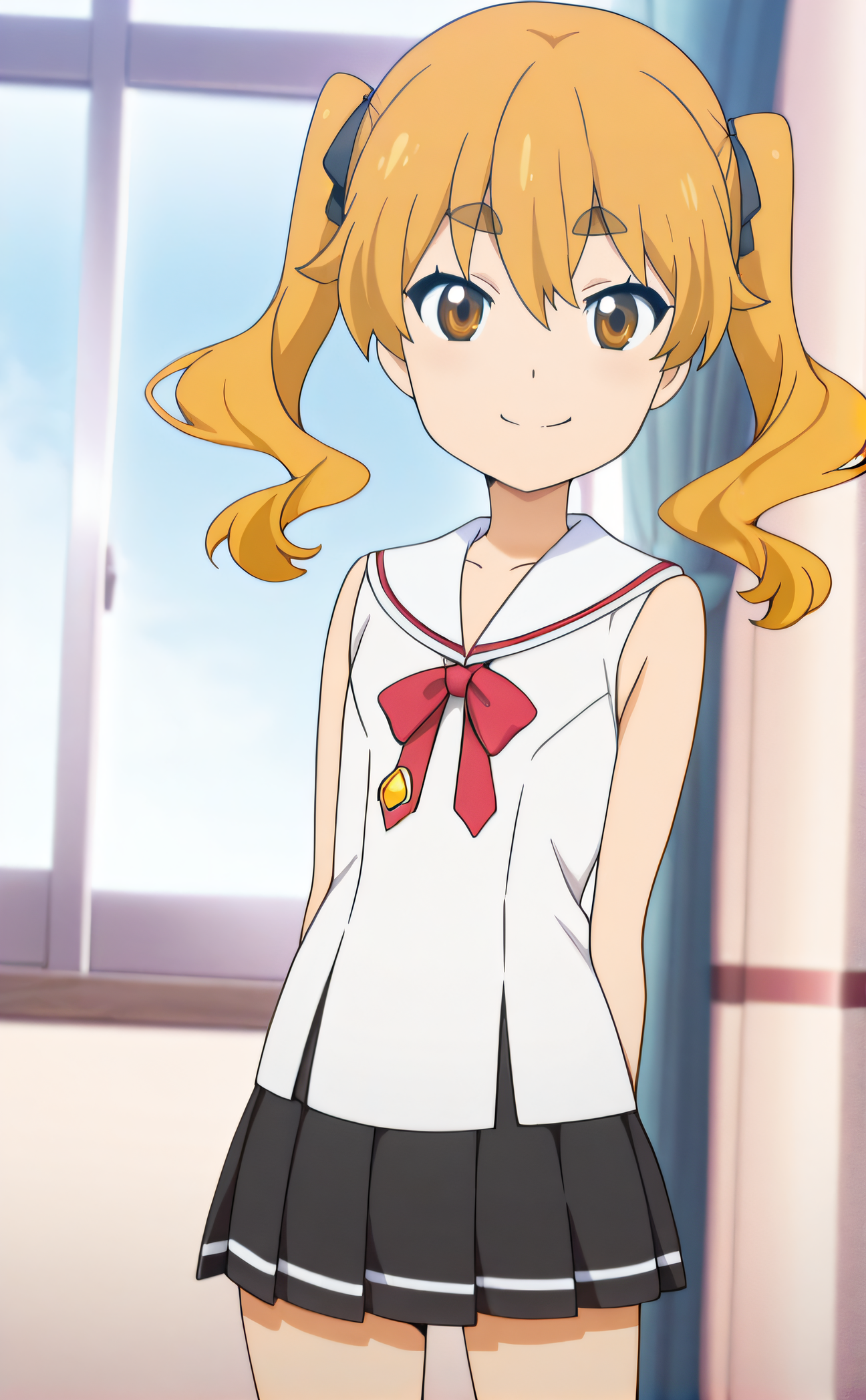 masterpiece, best quality, highres, newest, 1girl, solo, official style, anime screencap <lora:IL_Hikaru:1>, hikaru, yellow hair, twintails, thick eyebrows, brown eyes, school uniform, red ribbon, sleeveless, pleated skirt, miniskirt, looking at viewer, smile, indoor, cowboy shot