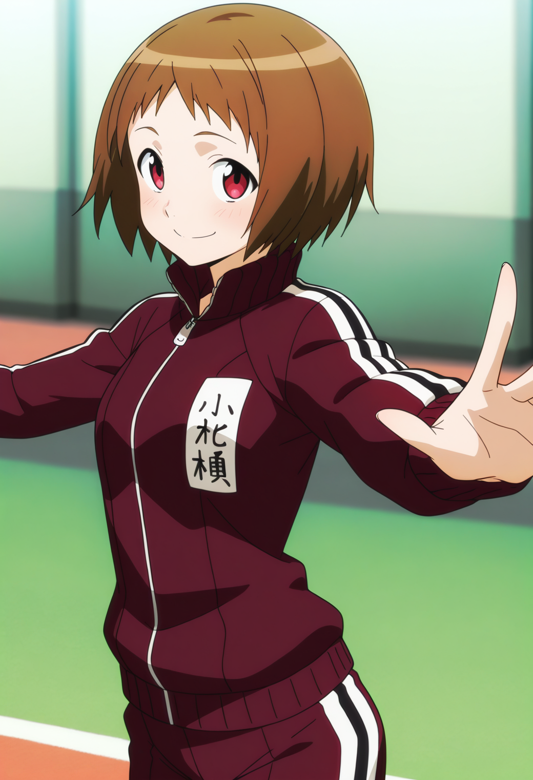 masterpiece, best quality, very aesthetic, absurdres, 1girl, solo,
<lora:ogura_shio_v01:0.9>, ogura_shio, shio_tracksuit, brown hair, short hair, red eyes,
track suit, gym shorts, smile, posing