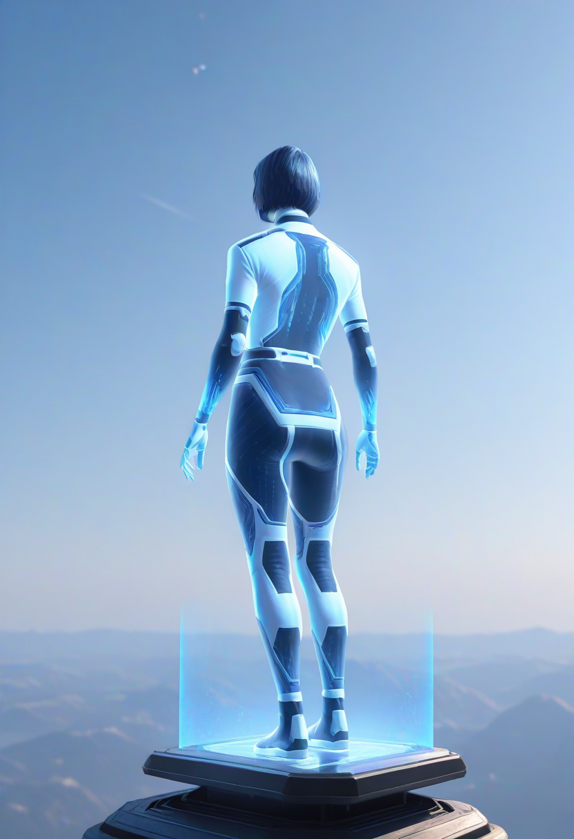 masterpiece, best quality, high quality, focused subject, detailed, from behind, from below,
1girl, solo, USTheWeapon, blue skin, holographic girl, holographic clothes,
standing, facing away, arms out, floating, flying, levitation, 
<lora:USTheWeaponIL:1>, <lora:reij-detaILer:0.8>,