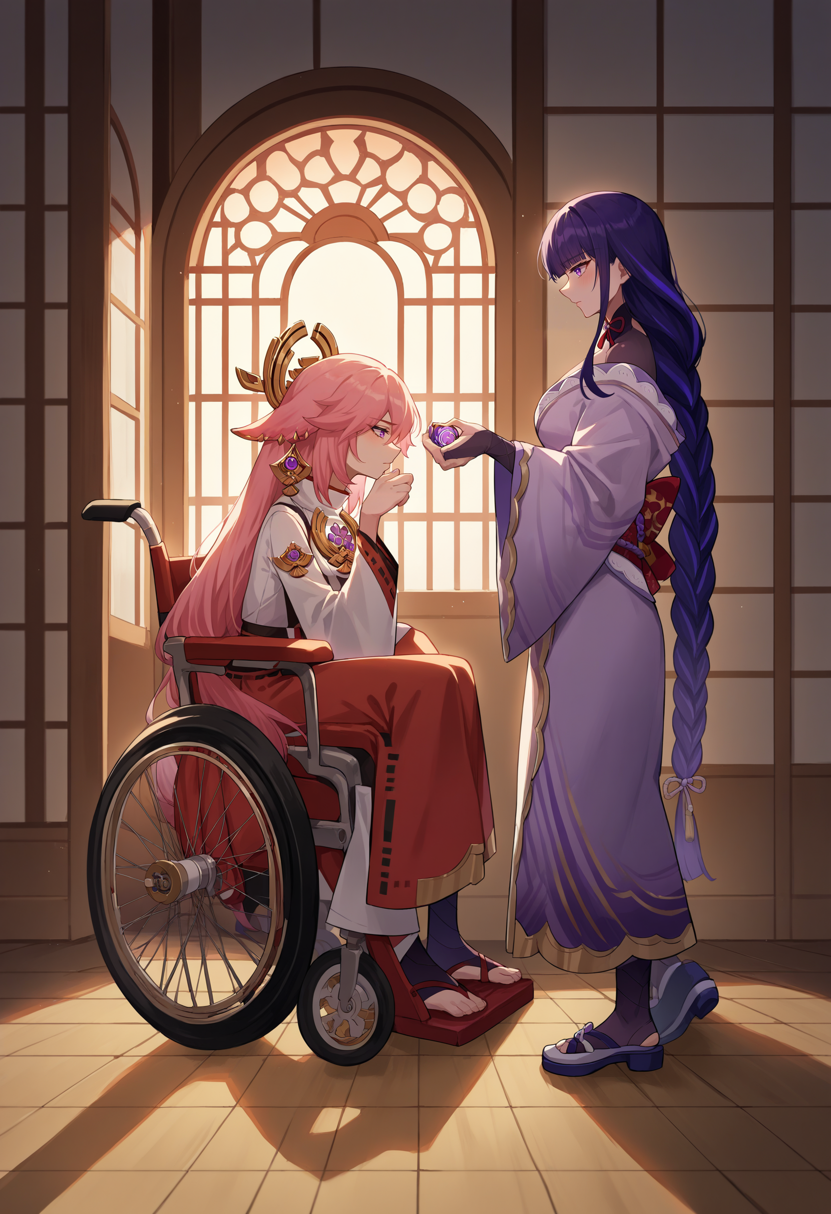score_9, score_8_up, score_7_up, source_anime, 2girls, full body, indoors, from side, 
BREAK wheelchair, <lora:Wheelchair_XLPD:1>, sitting, yae miko, 
BREAK raiden shogun, standing,