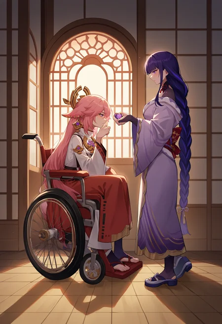 score_9, score_8_up, score_7_up, source_anime, 2girls, full body, indoors, from side,
BREAK wheelchair, <lora:Wheelchair_XLPD:1>, sitting, yae miko,
BREAK raiden shogun, standing,