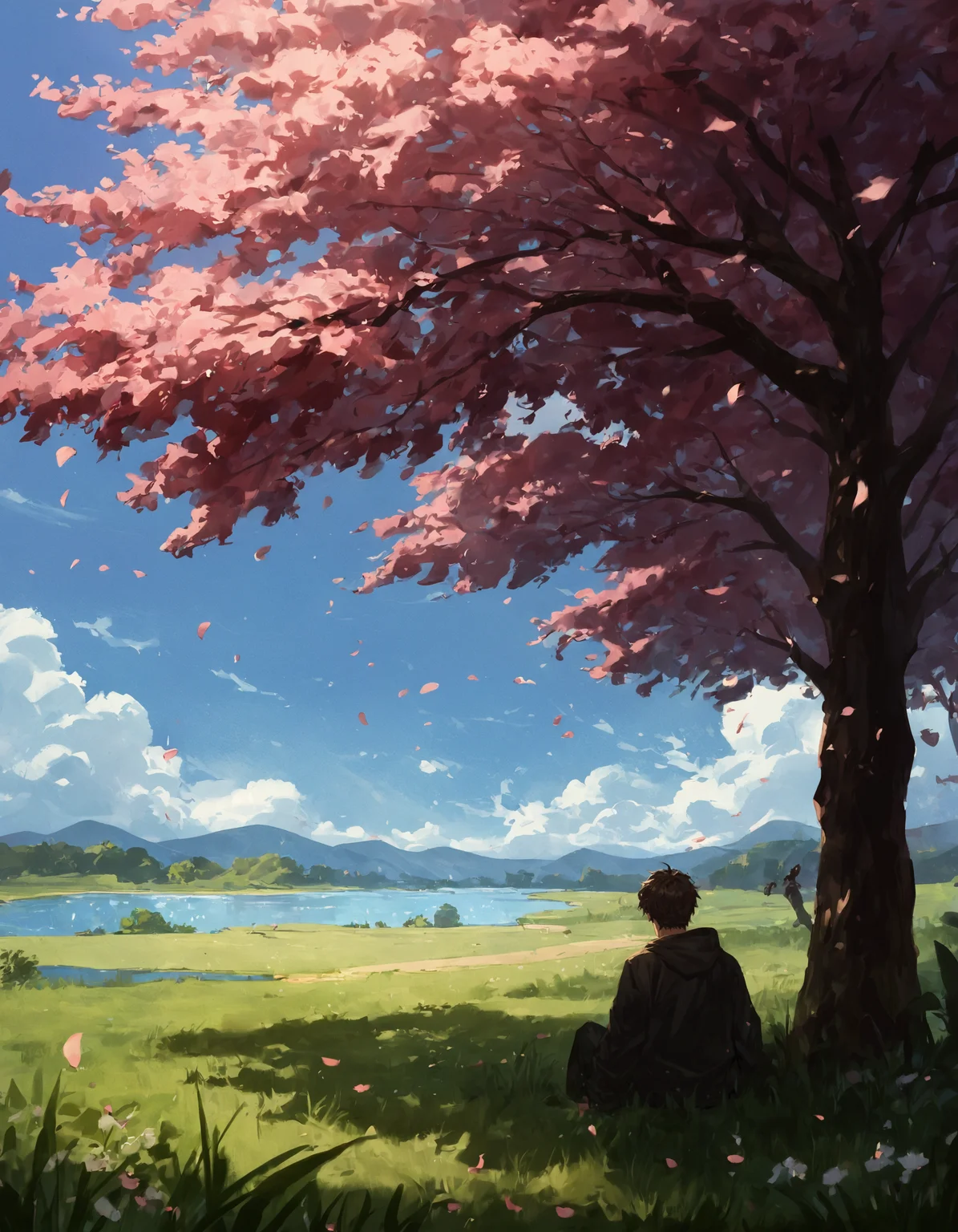 score_9, score_8_up,score_7_up,score_6_up, cherry blossoms, falling petals, clouds, park, grass, light rays, lake, 1boy, solo, sitting, facing away, <lora:ScenicHorizonsV2:.8> sc3nery
