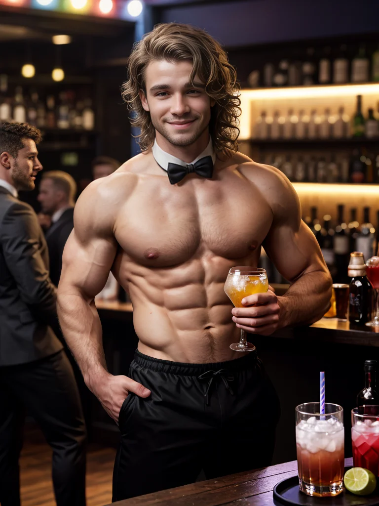 photo-realistic, shirtless, athletic build barman in a crowded gay bar holding a large tray of drinks, wavy hair, bow-tie, welcoming smile, chiseled face, diverse crowd, party, muscles, black-dress-pants, intricate details, High definition, highly detailed face, depth of field, intricate, 8k, sharp focus