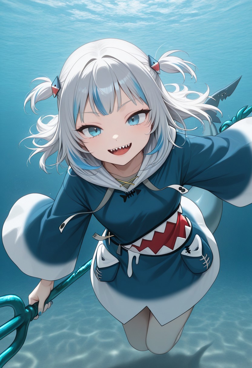 blue hoodie, shark print, shark hair ornament, two side up, wide sleeves, drawstring, grey hair, streaked hair, blue eyes, shark tail, blue nails, shark smile, shark teeths, raar, thanks, ocean, under water, underwater, water, trident, funny faces, flow, flowing