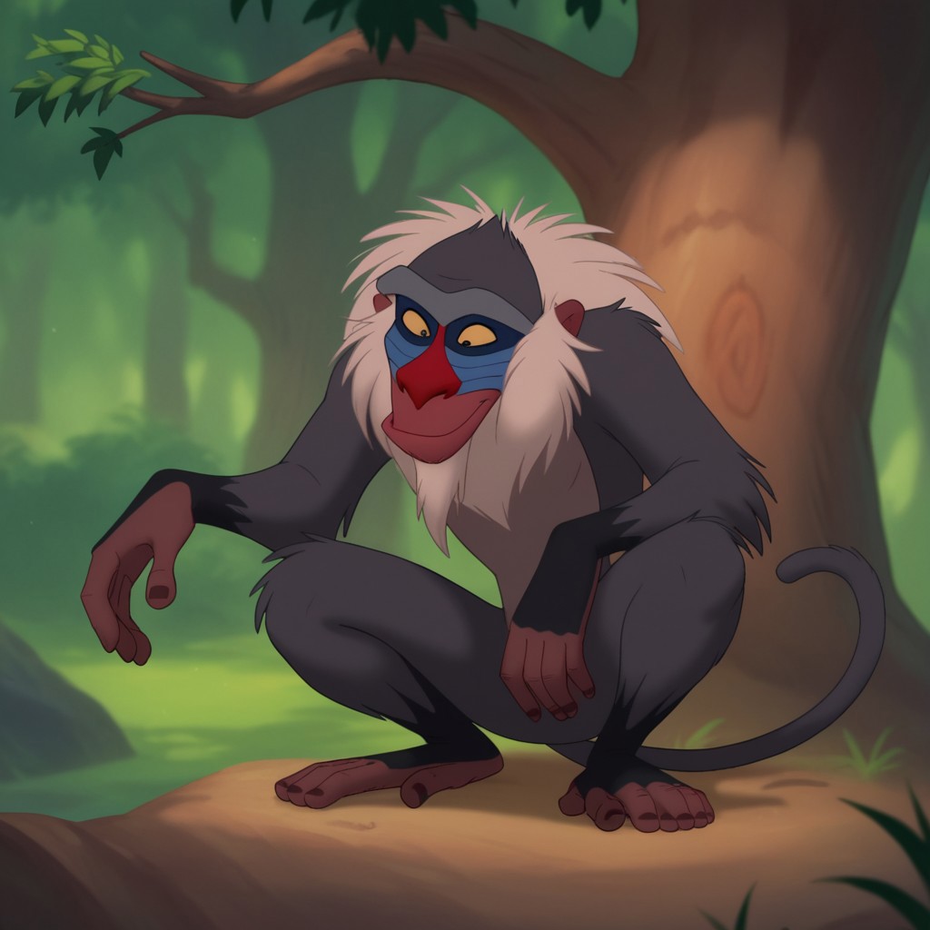 score_9, score_8_up, score_7_up, score_6_up, score_5_up, score_4_up, source_furry, rafikiLK, semi-anthro, male, primate, monkey, grey fur, white hair, black eyes, yellow sclera,  forest,squatting, on a tree branch