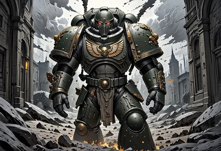 Warhammer 40k Mark X Power Armor Primaris Marines towering over a chaos and desolate battlefield, detail background, straight on angle shot, Full body shot, closed-up, ultra-realistic 32k resolution, official art styled digital painting, intricate armor engravings catching realistic lighting, film grain texture overlay, reversal film effect, high quality, detailed realistic background with scattered futuristic debris, shadowed craters, misty atmosphere, cinematic.