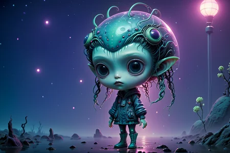 cute little Japanese (alien:1.1) anime, l, detailed scene, perfect face, intricately detailed photorealism, trending on artstation, neon lights, misty night, stunning full body anime art by (Mark Ryden:1.1) <lora:Nicoletta_Ceccoli_2:0.4> Nicoletta Ceccoli <lora:another-bored-monsters:0.45> fx-monsters <lora:AnotherBoredDetailXL:0.7>, subsurface scattering, ultra hd, 4k, high def, Photorealistic, Hyperrealistic, Hyper detailed, analog style, realistic, masterpiece, best quality, ultra realistic, 8k, Intricate, High Detail, film photography, soft lighting, heavy shadow
