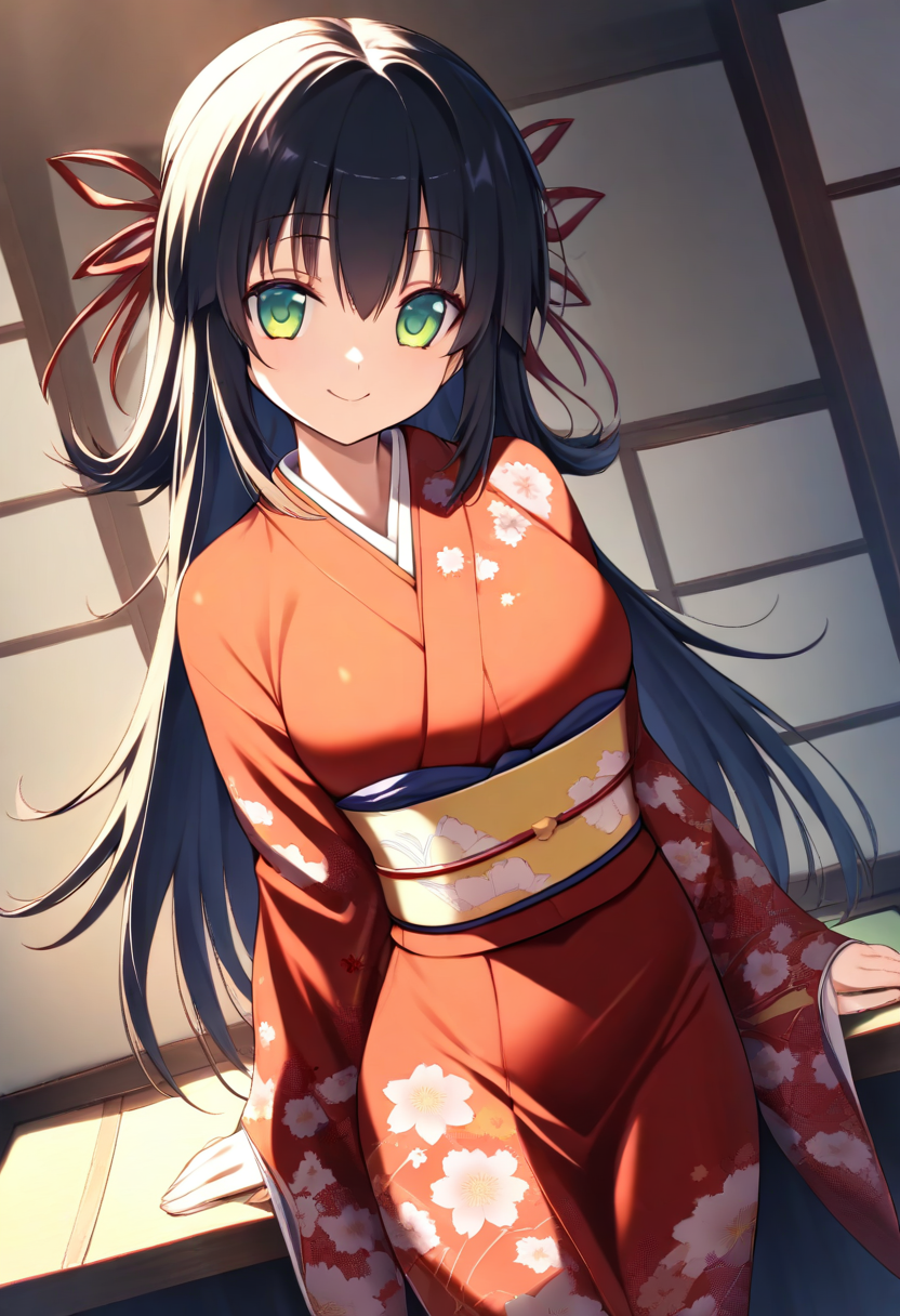 masterpiece,high score,great score,absurdres,<lora:Kiryuuin Rindou_ani4_xl_v1-000010:1>,
1girl,solo,black hair,long hair,green eyes,hair ribbon,looking at viewer,red ribbon,smile,kiryuuin rindou,kimono,japanese clothes,standing,
