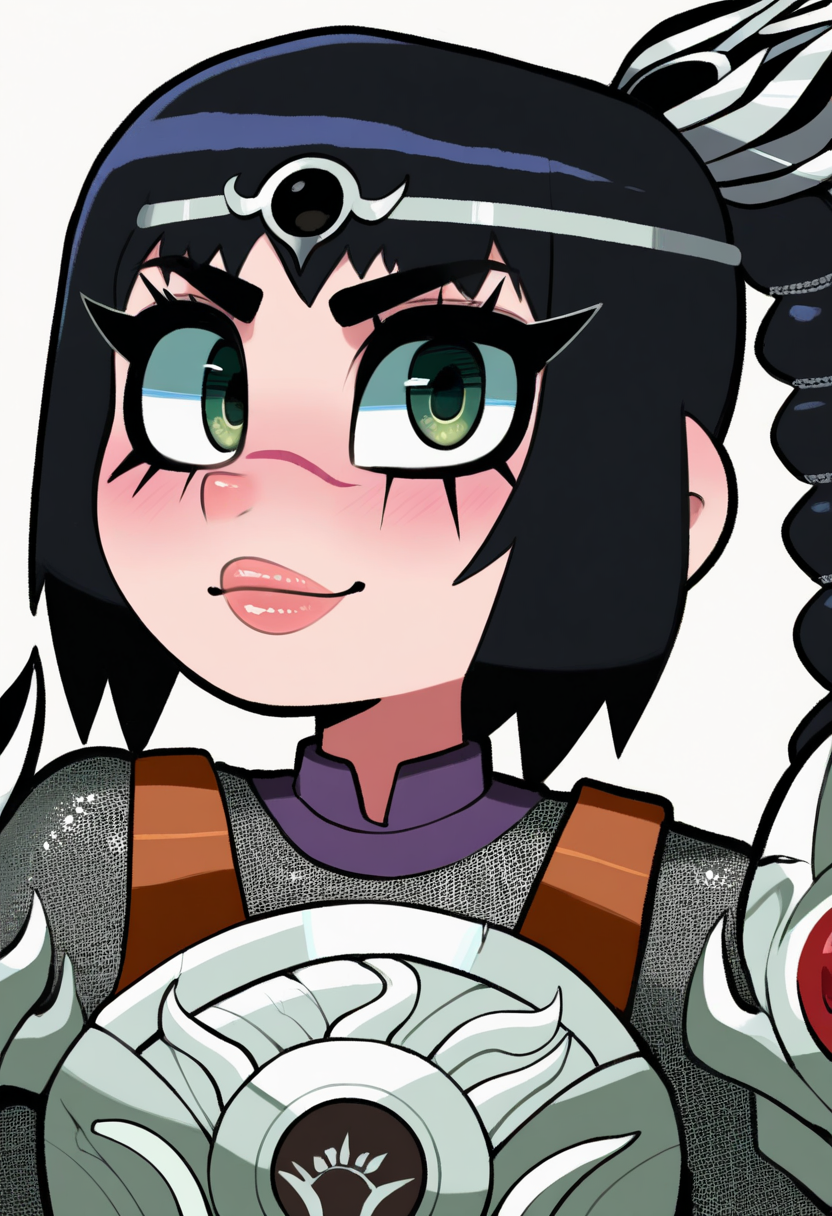 best quality, amazing quality, very aesthetic, absurdres,
BREAK
1girl, solo, shadowheart, black hair, braided ponytail, green eyes, scar on face, circlet, armor,
smile, looking at viewer, upper body, simple background, white background, <lora:ShadowHeartIllustrious_byKonan:0.8>,   <lora:ThiccverseNoobLocon_byKonan:1>