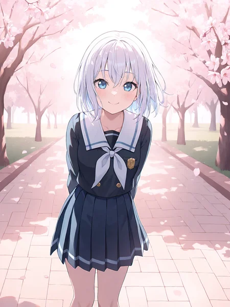 masterpiece,newest,absurdres,best quality,1girl,solo,kurata mashiro,kurata mashiro uniforms,white hair,blue eyes,school uniform,black serafuku,pleated skirt,sailor collar,blue skirt,outdoors,standing,looking_at_viewer,<lora:Kurata Mashiro3:0.6>,arms behind back,outdoors,cherry blossoms,smile,