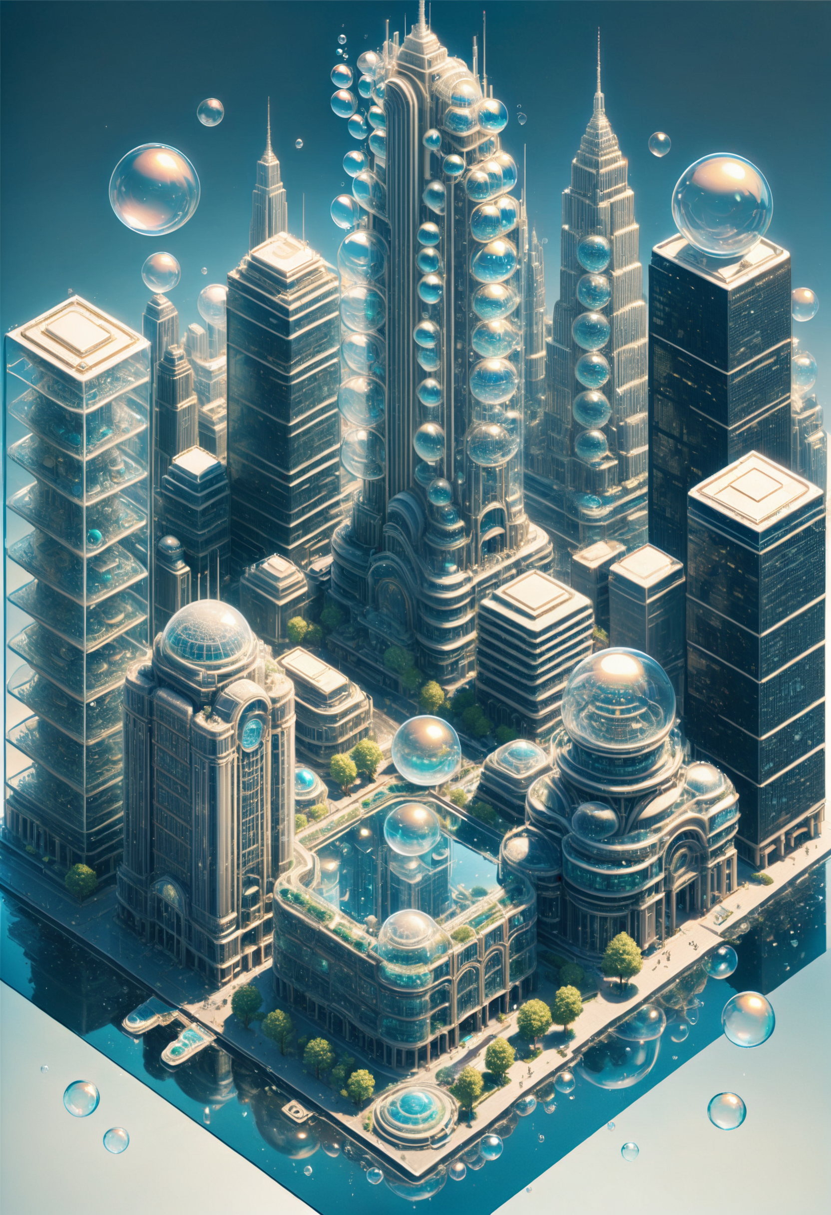 embedding:lazympos, city made of bubbles, science-fiction, futuristic, skyscrapers, glass, reflections, isometric <lora:Challenge_Winnifier_2025-03:0> <lora:Bubbles_sdxl-000013:1>