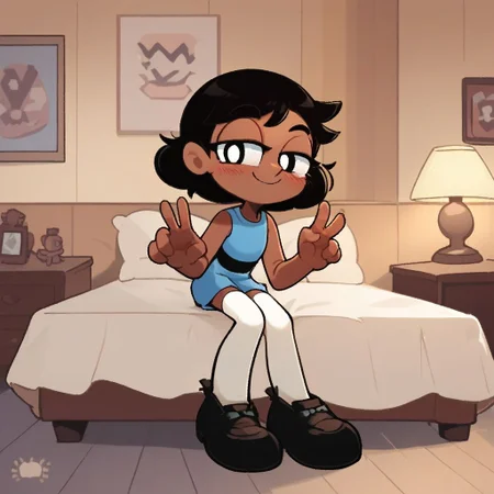 score_9, score_8_up, score_7_up, score_6_up, score_5_up, score_4_up, BREAK, source_anime, connie_maheswaran, indoors, black hair, small breasts, black footwear, white thighhighs, smile, smug, blush, blue top, sleeveless, blue miniskirt, peace sign, pantsless, powerpuff, dark-skinned female, 1girl, sitting, indoors, living room, on bed,